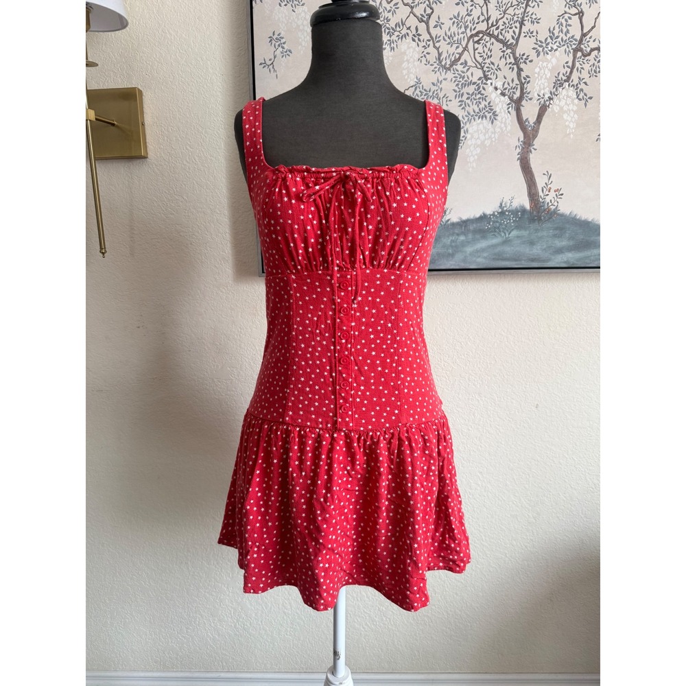 Wild Fable Red Star Print Milkmaid Mini Dress Small Smocked Back Button Front